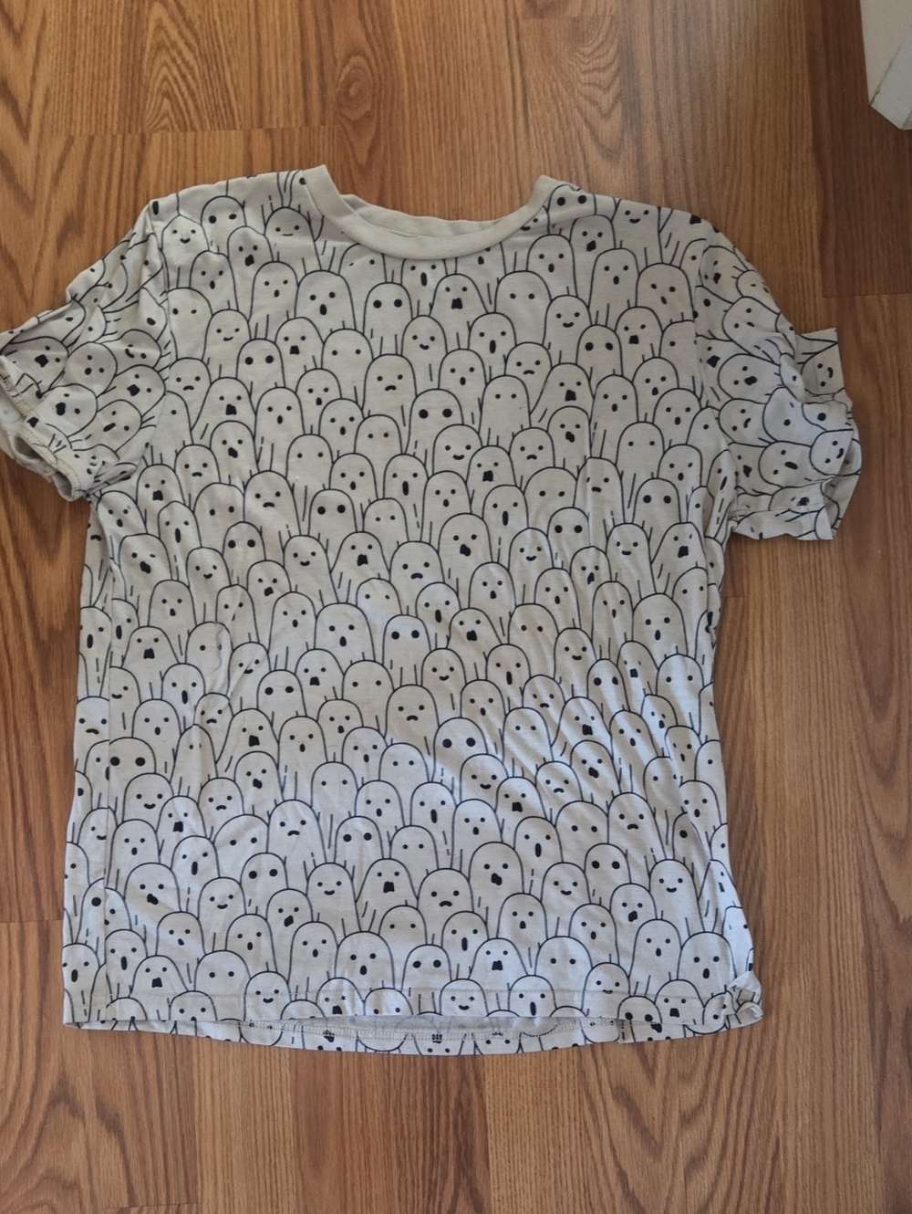 White Graphic Crewneck T-Shirt with Ghost Pattern
